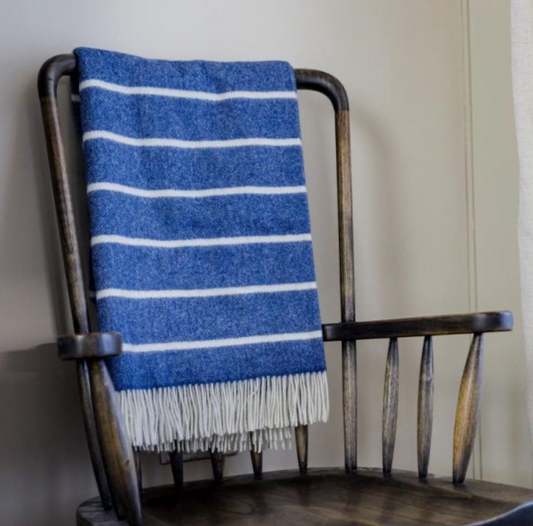 John Hanly Merino Lambswool Throw - Denim & White