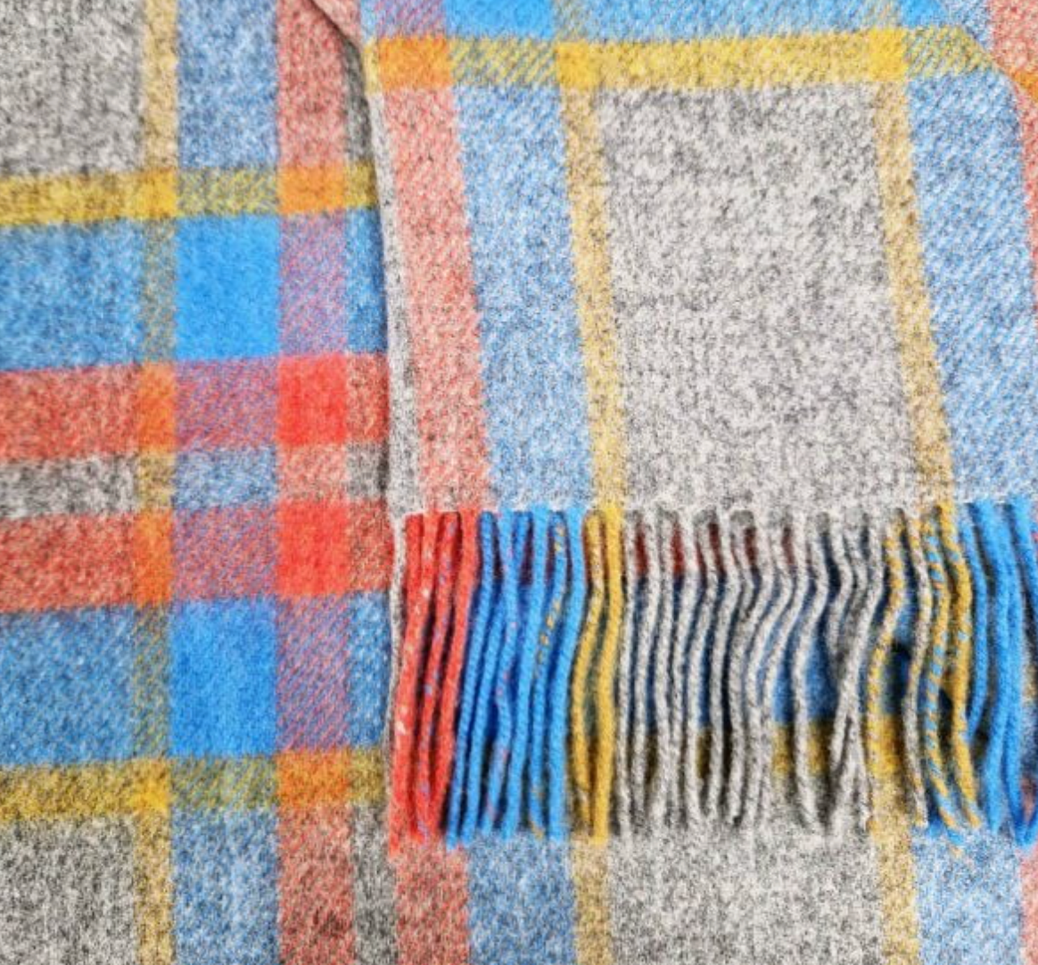 Merino Lambswool Blanket - Grey Aqua Orange Mustard Check