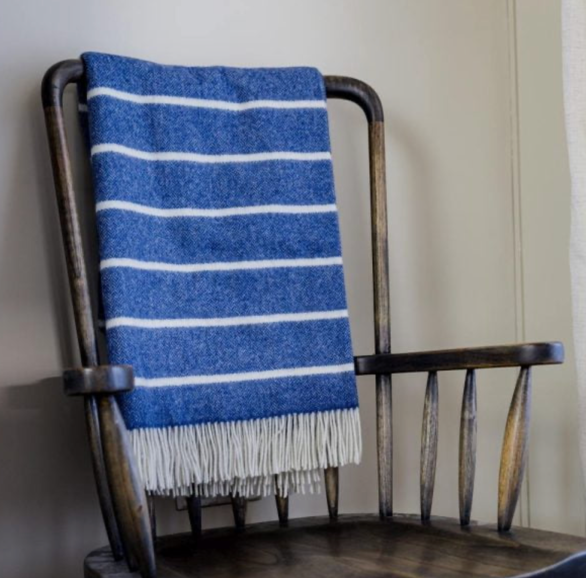 John Hanly Merino Lambswool Throw Denim & White