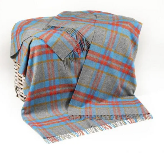 Merino Lambswool Blanket - Grey Aqua Orange Mustard Check