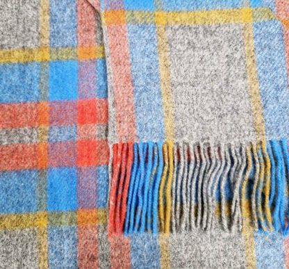Merino Lambswool Blanket - Grey Aqua Orange Mustard Check