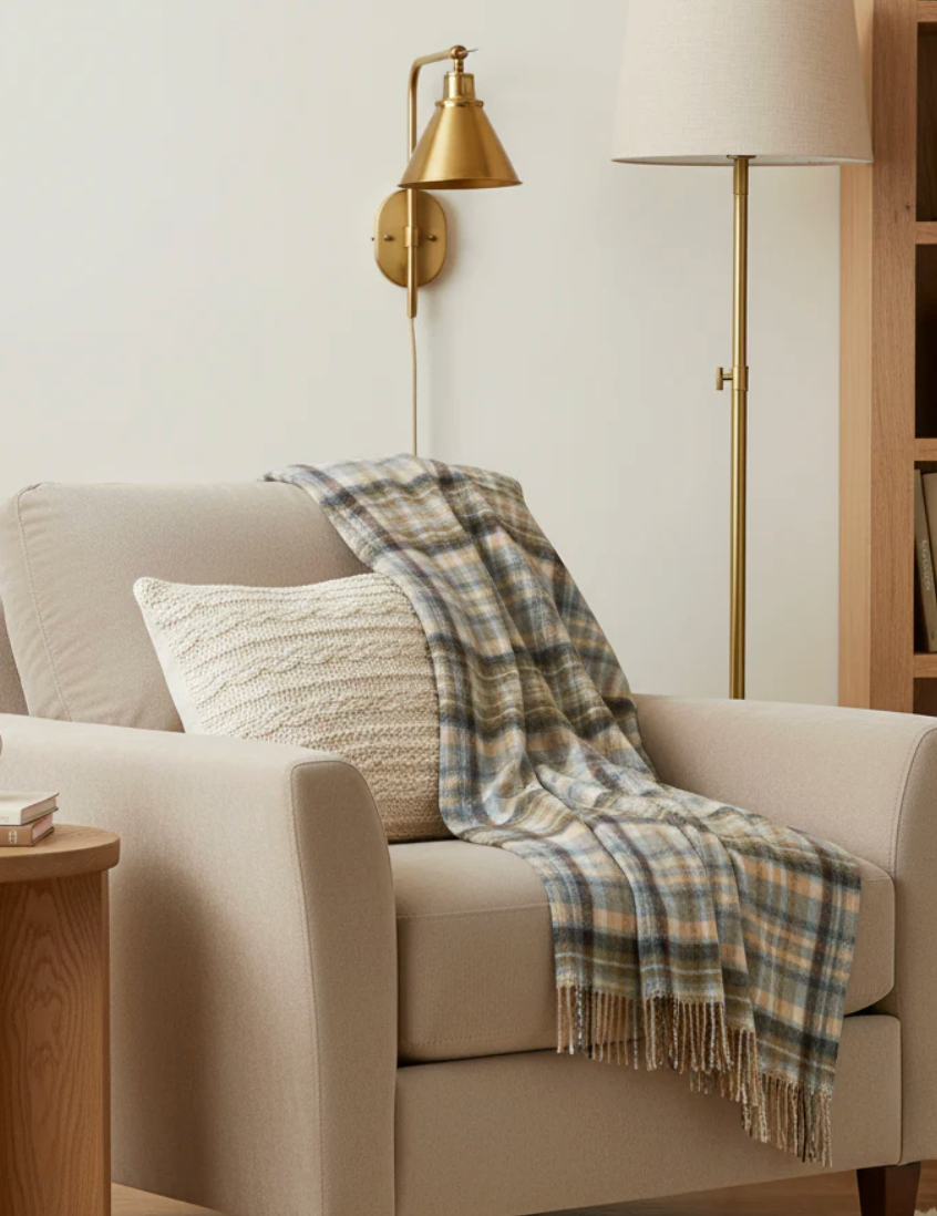 Lambswool Throw - Blue Cream Brown Denim Check