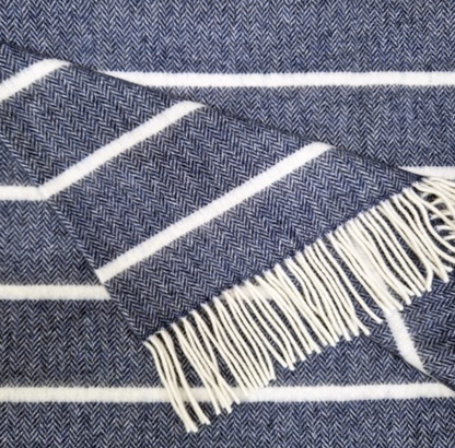 John Hanly Merino Lambswool Throw - Denim & White